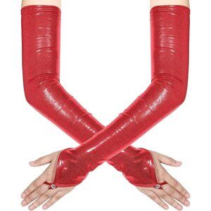 Women's Red Shiny Elastic Satin Rave Fingerless Long Gloves Party Costume